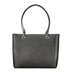 Black Guess Jeans women's handbag made of polyurethane, featuring a sleek design with top handles and stylish details.