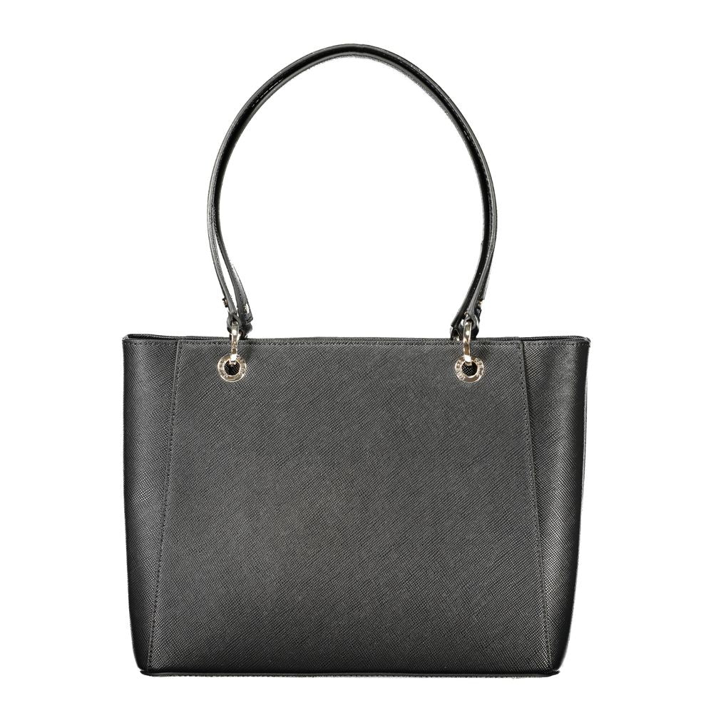 Black Guess Jeans women's handbag made of polyurethane, featuring a sleek design with top handles and stylish details.