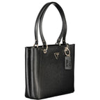 Black Guess Jeans women's handbag made of polyurethane with a sleek design and top handle, stylish accessory for everyday use.