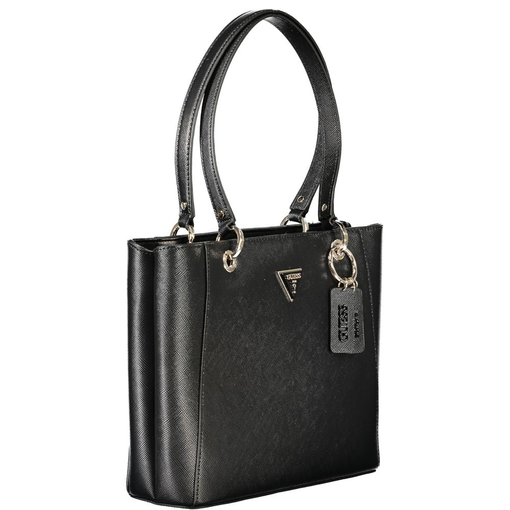 Black Guess Jeans women's handbag made of polyurethane with a sleek design and top handle, stylish accessory for everyday use.