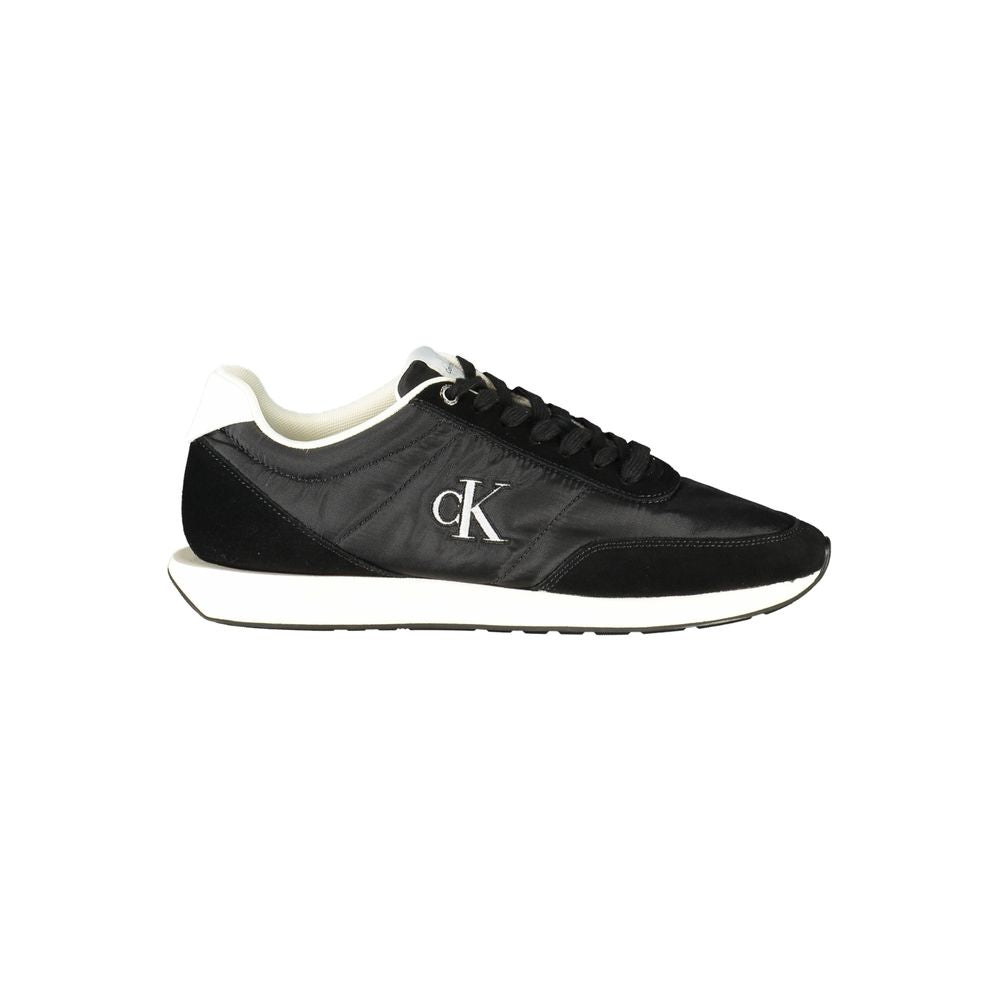 Calvin Klein black polyester men's sneaker with white sole and minimalist design, featuring laces and branding details.