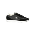 Calvin Klein black polyester men's sneaker with white sole and minimalist design, featuring laces and branding details.