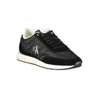 Calvin Klein black polyester men's sneaker with white sole and sleek design, shown from a side angle.