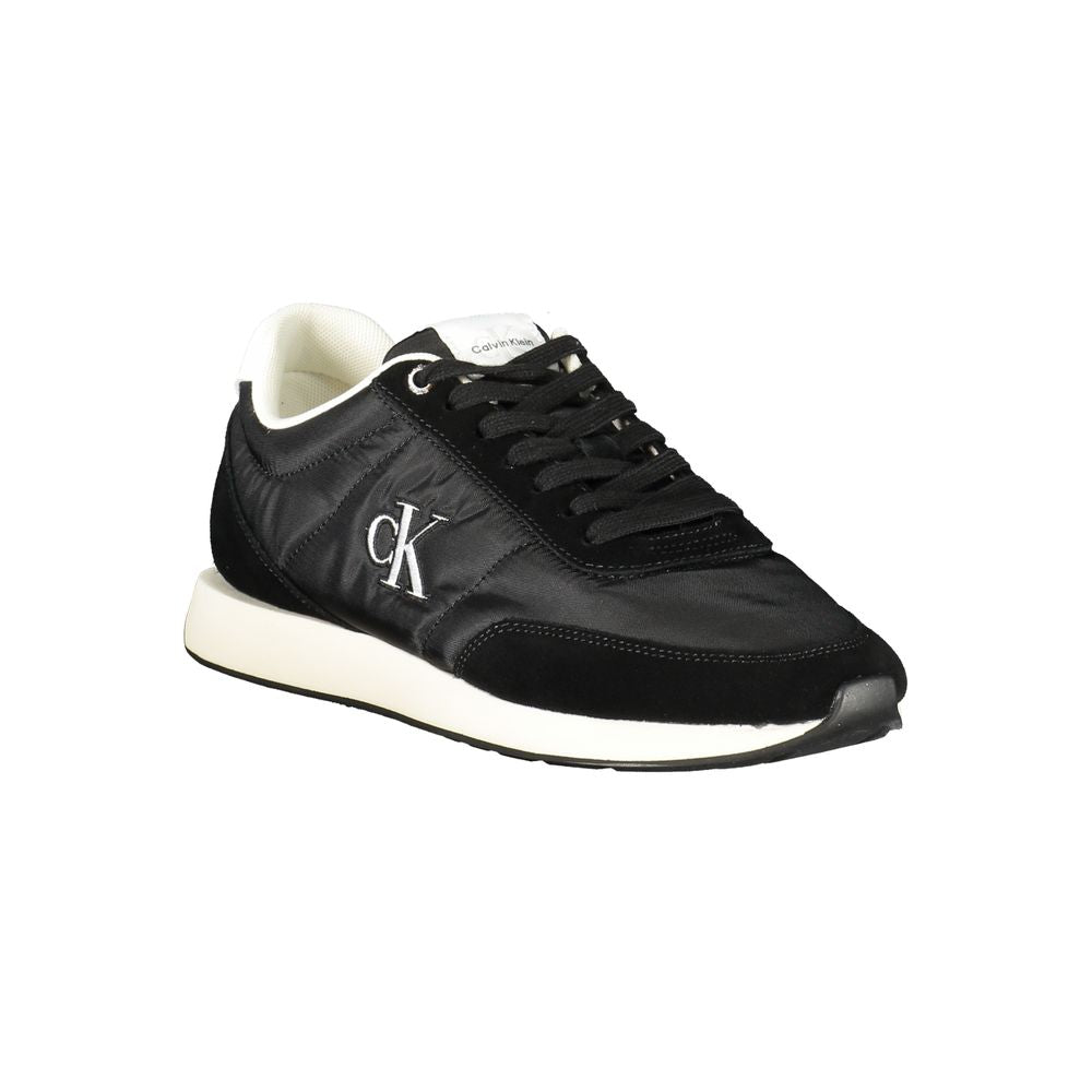 Calvin Klein black polyester men's sneaker with white sole and sleek design, shown from a side angle.
