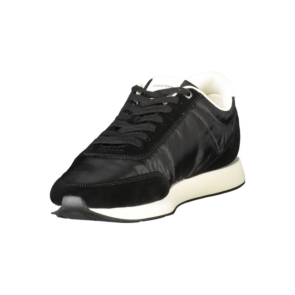 Calvin Klein black polyester men's sneaker with sleek design and athletic sole, showcasing casual footwear style.