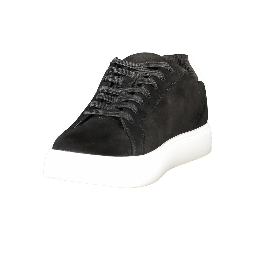Calvin Klein black leather men's sneaker with sleek design and lace-up closure, featuring the brand's logo detail.