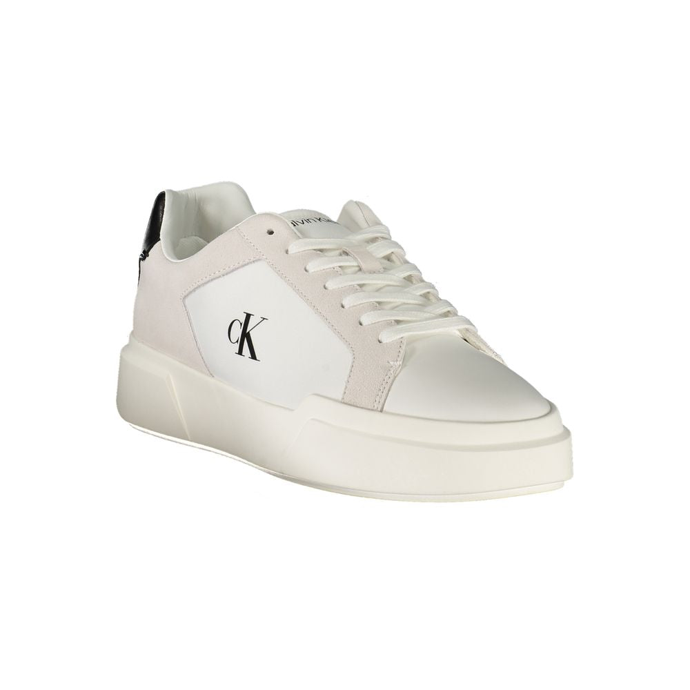 Calvin Klein Bianco leather men's sneakers with white laces and minimalist design on a clean background.