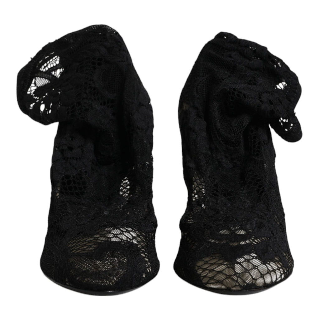 Dolce & Gabbana Black Lace Stretch Heels Mid Calf Boots Shoes