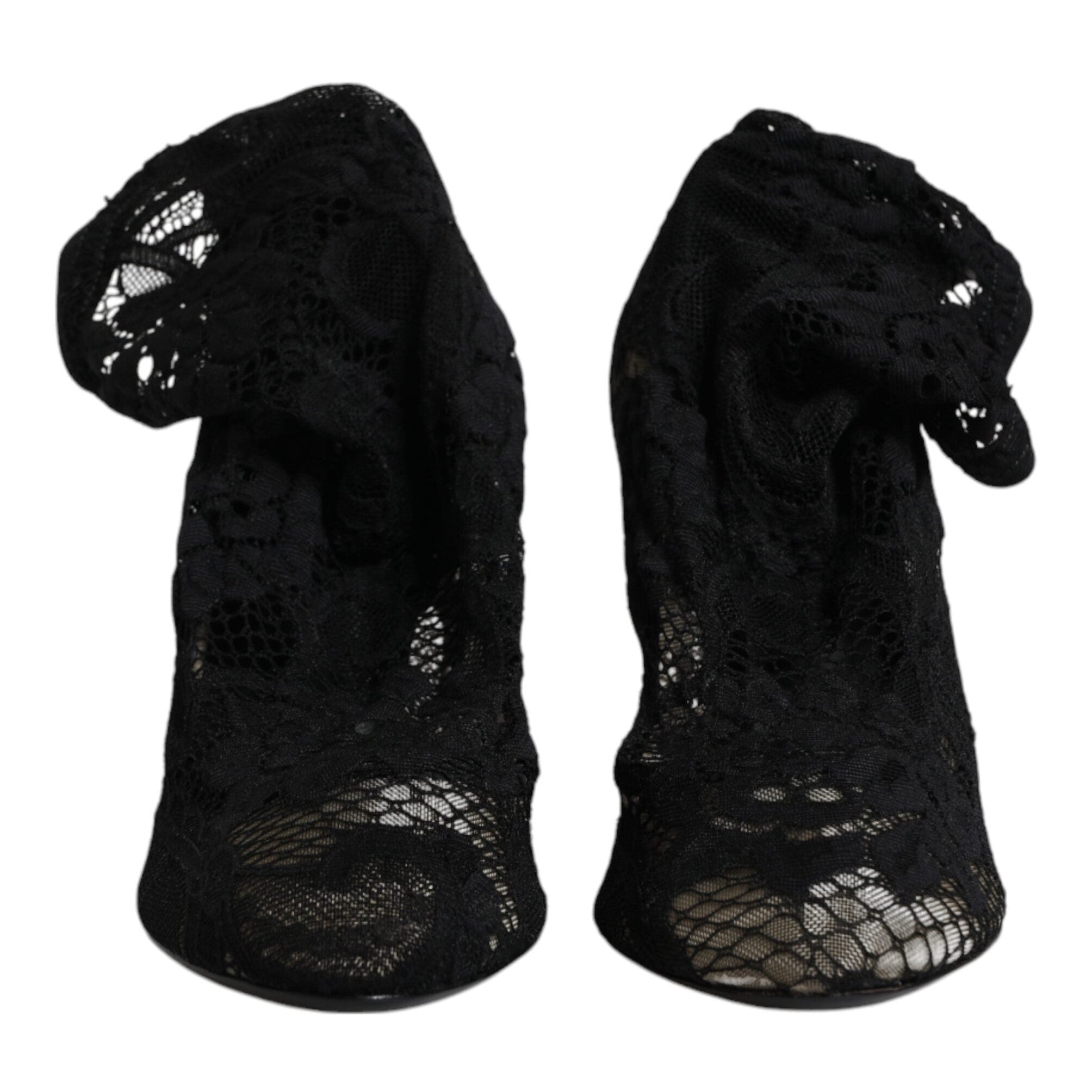 Dolce & Gabbana Black Lace Stretch Heels Mid Calf Boots Shoes