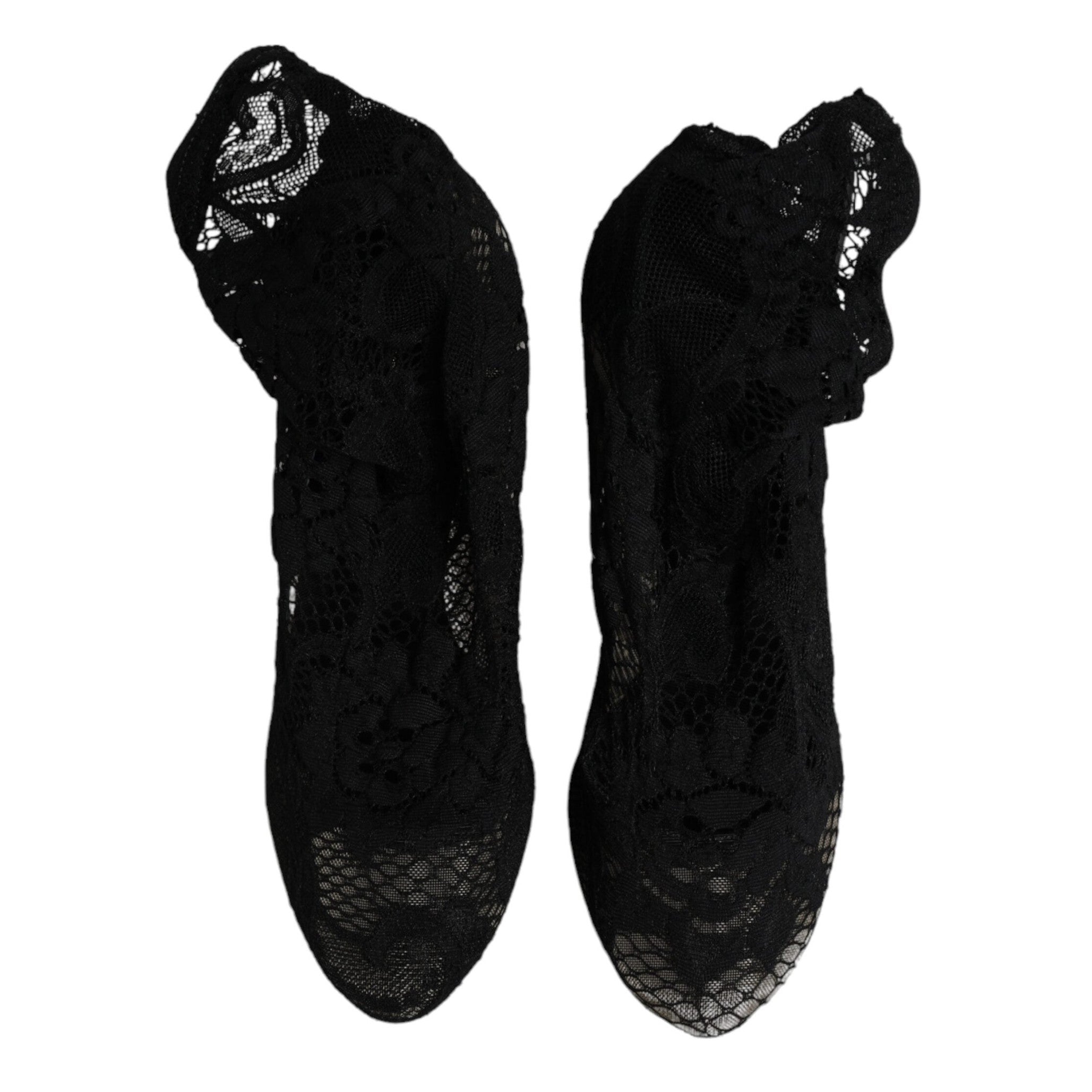 Dolce & Gabbana Black Lace Stretch Heels Mid Calf Boots Shoes