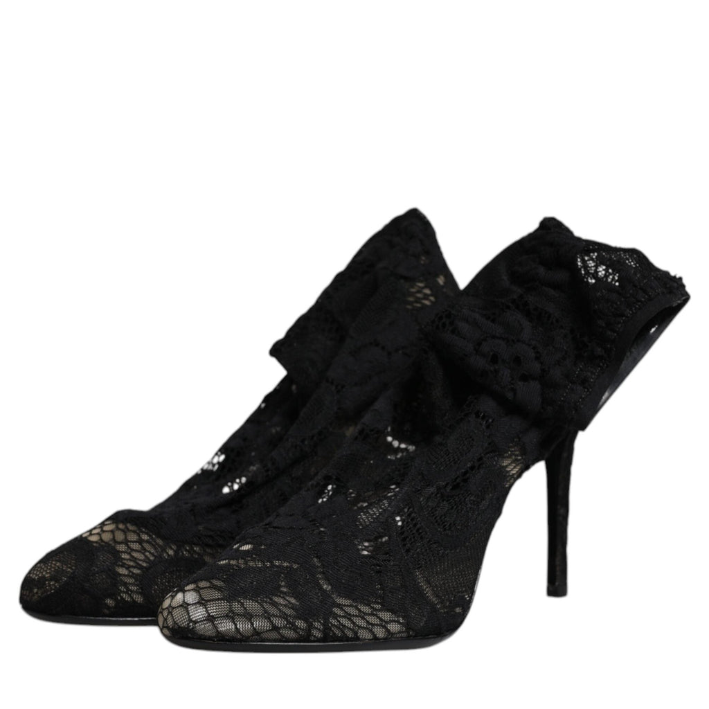 Dolce & Gabbana Black Lace Stretch Heels Mid Calf Boots Shoes