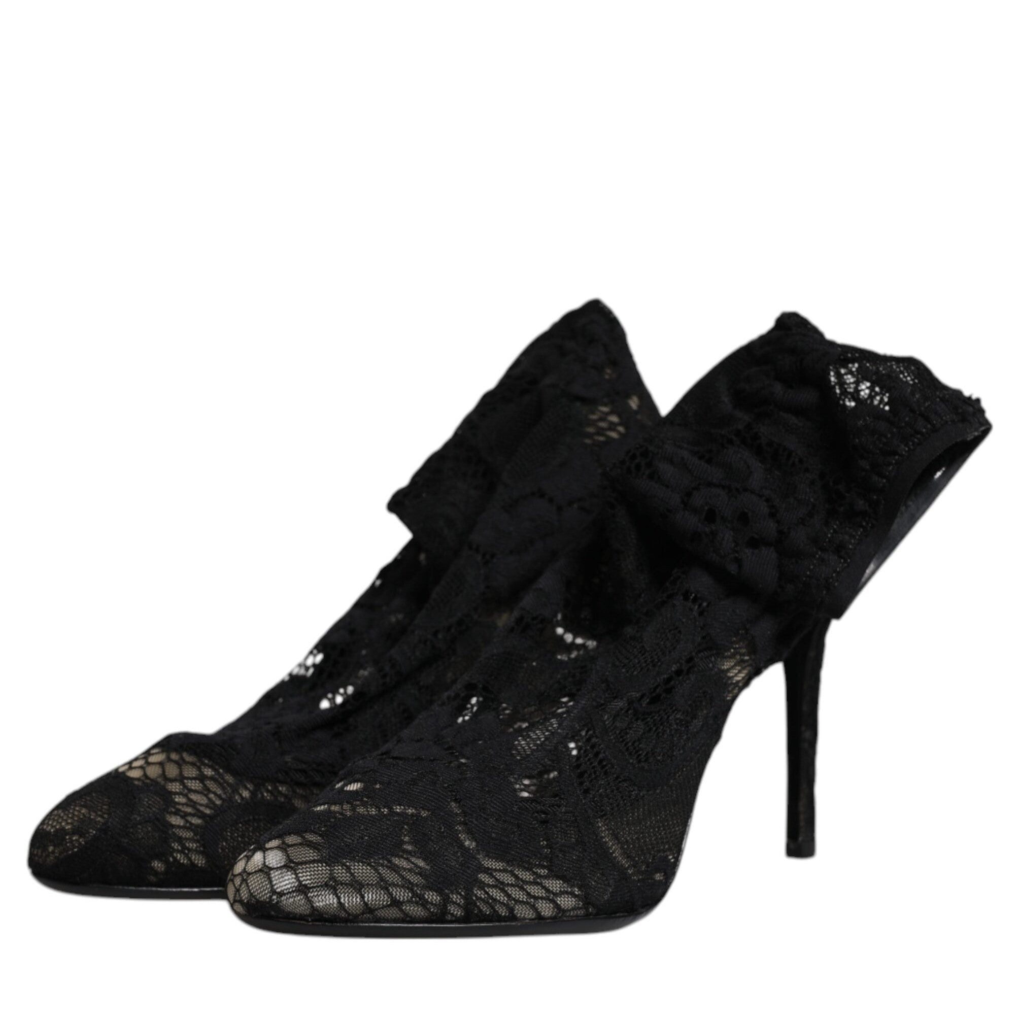 Dolce & Gabbana Black Lace Stretch Heels Mid Calf Boots Shoes