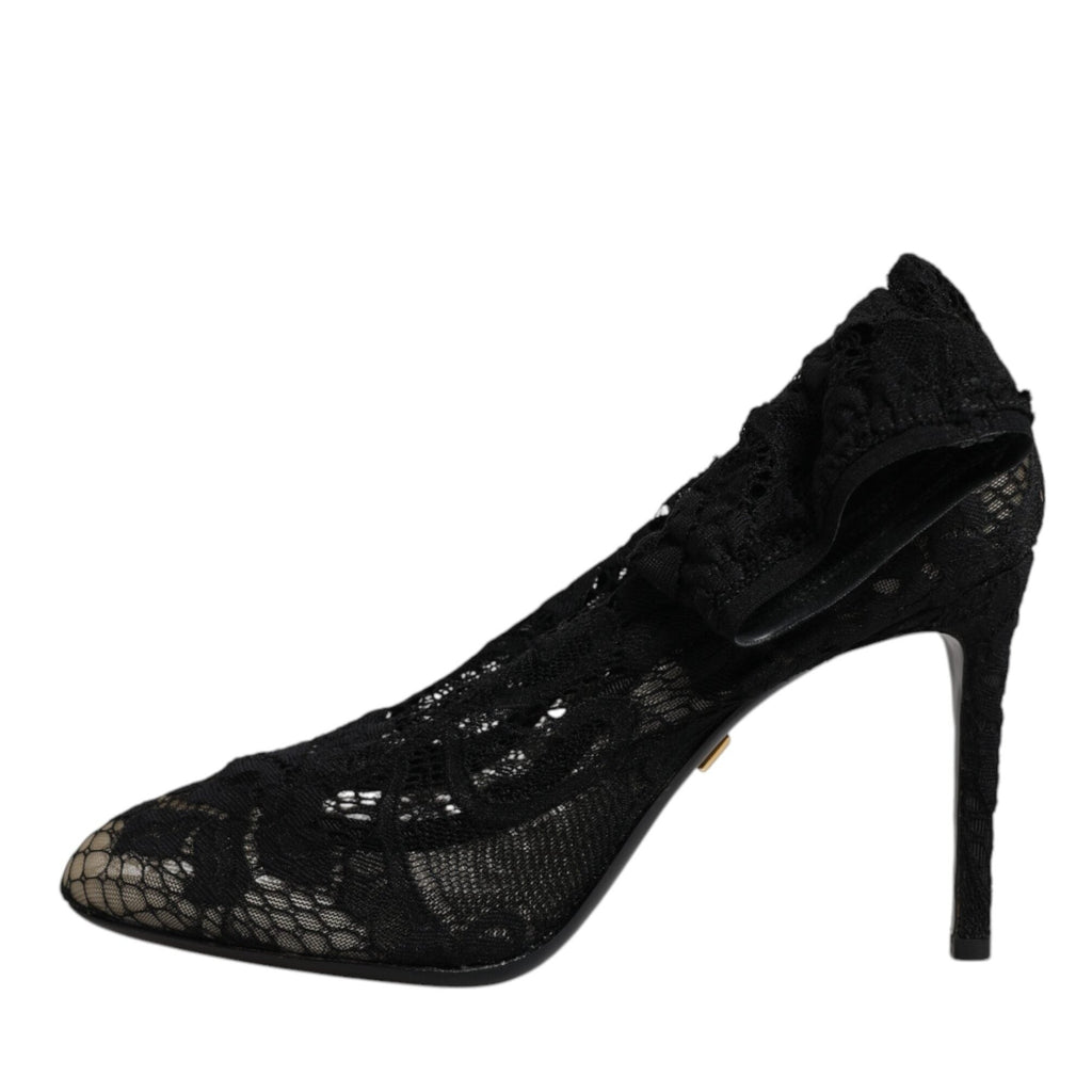 Dolce & Gabbana Black Lace Stretch Heels Mid Calf Boots Shoes
