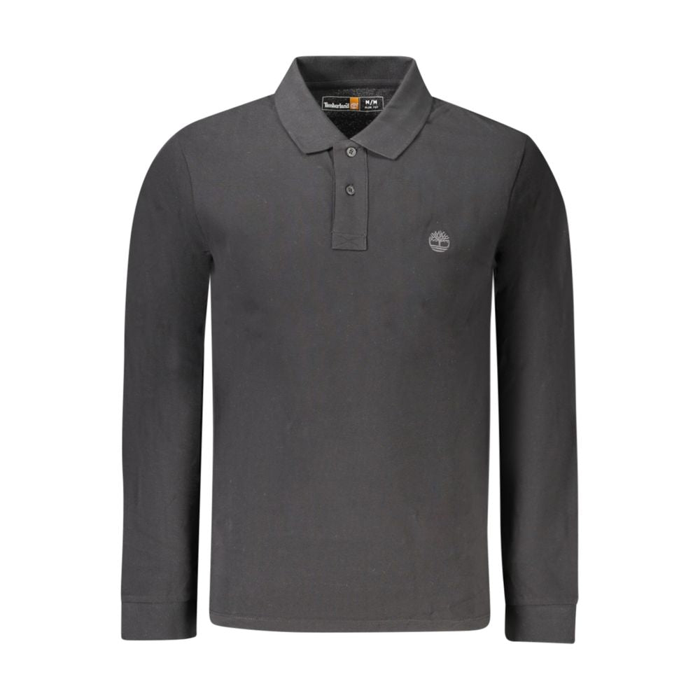 Black cotton men's polo shirt by Timberland, featuring a classic collar and short sleeves, displayed flat on a plain background.