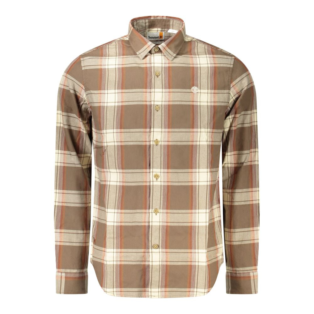 Timberland brown cotton men's shirt with button closure and classic collar, casual style perfect for everyday wear.