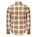 Timberland men's brown cotton shirt with button-down collar, long sleeves, and chest pocket, casual and comfortable for everyday wear.
