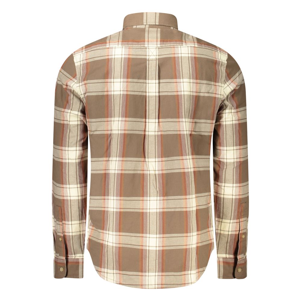 Timberland men's brown cotton shirt with button-down collar, long sleeves, and chest pocket, casual and comfortable for everyday wear.