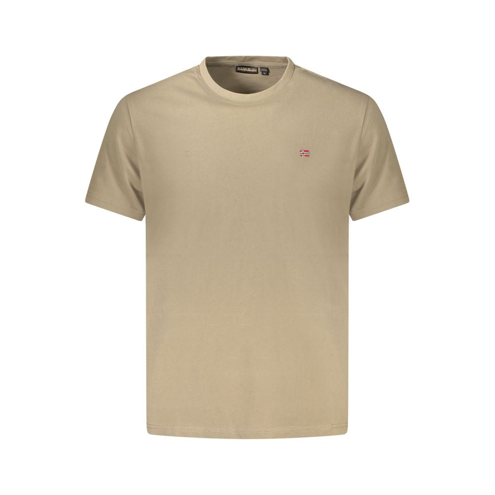 Brown cotton men's T-shirt by Napapijri featuring a classic fit and crew neckline, shown on a plain background.