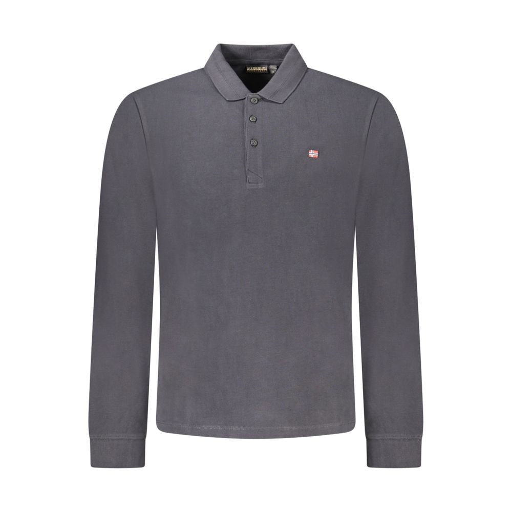 Napapijri Nero cotton men's polo shirt displayed on a hanger, featuring a classic collar and short sleeves in black.