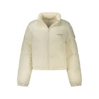 Guess Jeans women's white recycled polyester jacket with a casual fit, featuring front pockets and a stand collar.