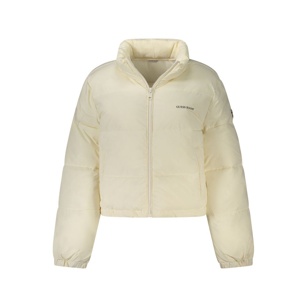 Guess Jeans women's white recycled polyester jacket with a casual fit, featuring front pockets and a stand collar.