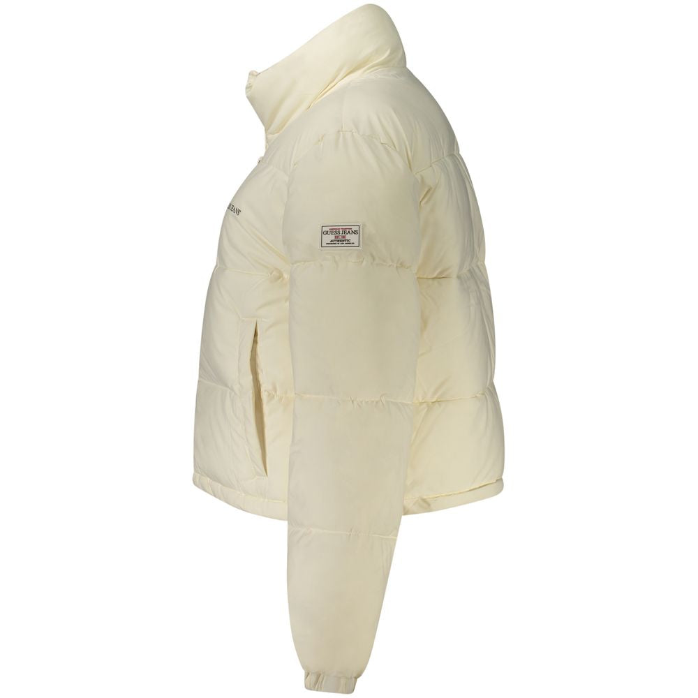 Guess Jeans women's white jacket made from recycled polyester, featuring a casual fit and stylish design.