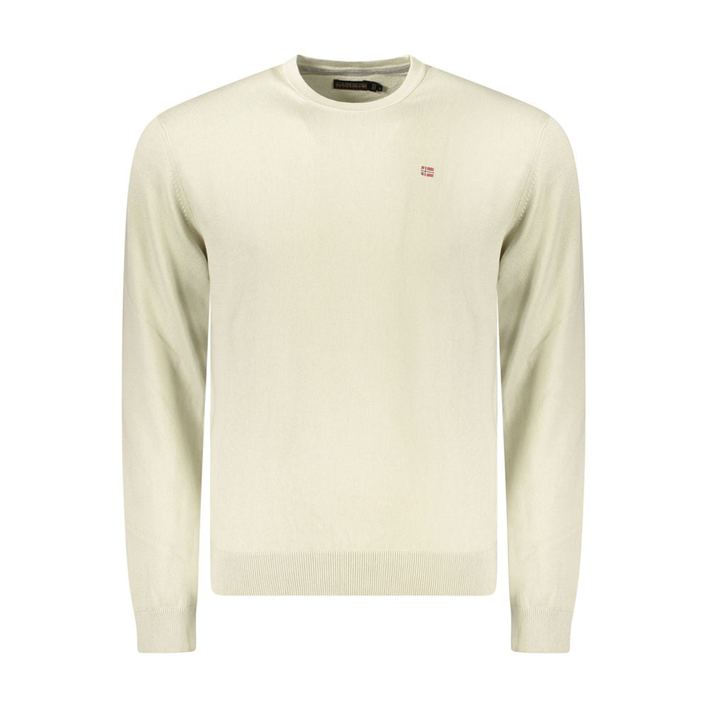 Beige cotton men's sweater by Napapijri, featuring a classic crew neck and comfortable fit, displayed on a plain background.