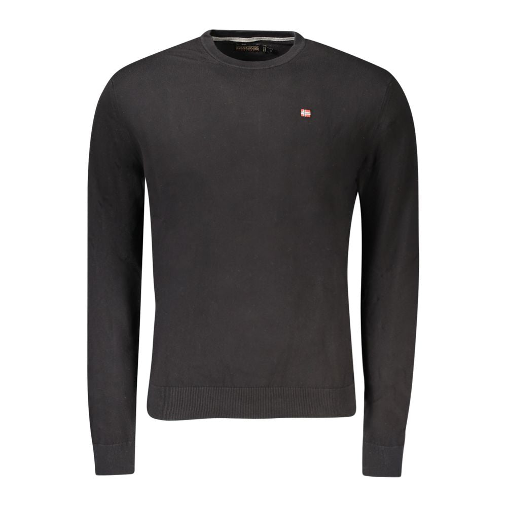 Black cotton men's sweater by Napapijri, featuring a classic crew neck and comfortable fit, shown on a plain background.