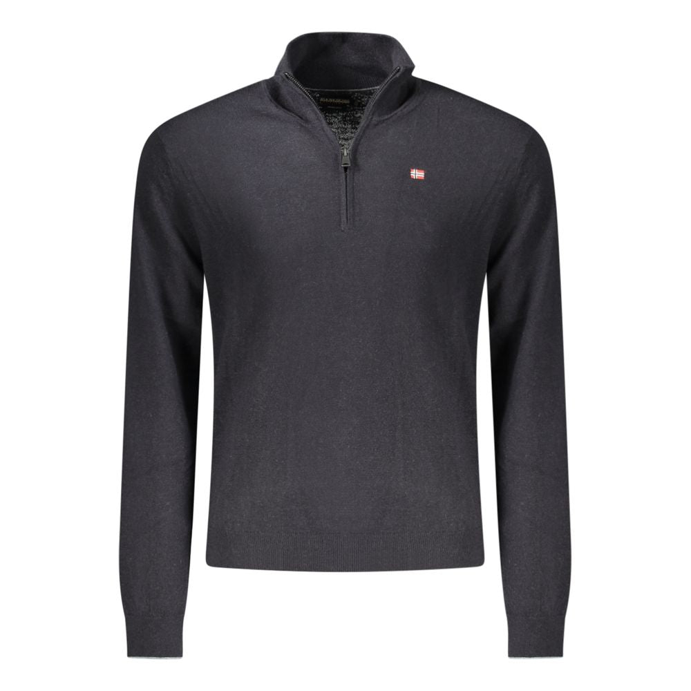 Black Napapijri men's wool sweater with a crew neck and ribbed cuffs, showcased on a plain background.