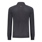 Black Napapijri men's wool sweater displayed on a hanger, showcasing its knit texture and classic fit.
