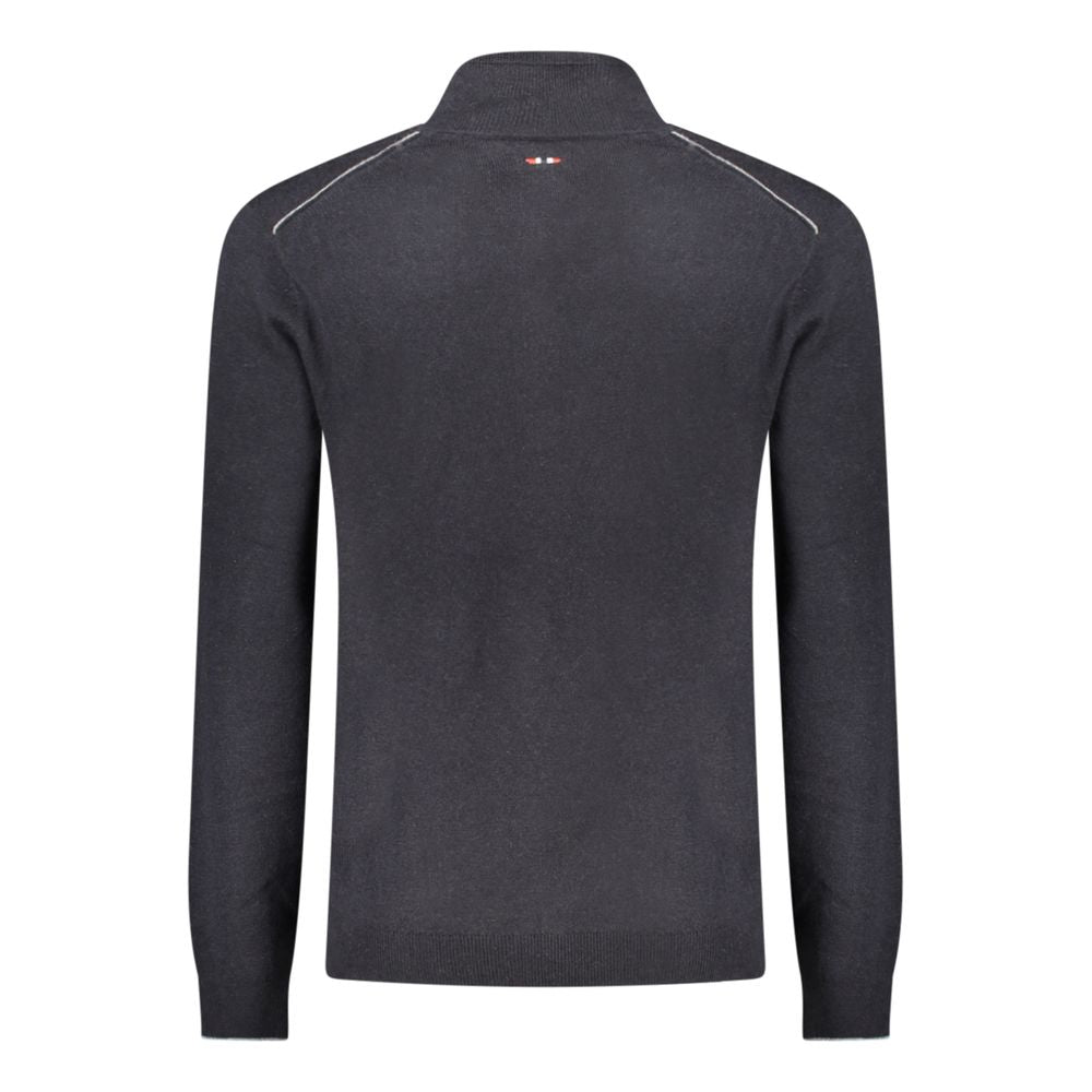 Black Napapijri men's wool sweater displayed on a hanger, showcasing its knit texture and classic fit.