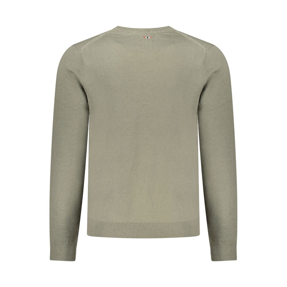 Napapijri Verde Wool Men Sweater displayed on a hanger, featuring a crew neck and soft wool fabric in a vibrant green color.