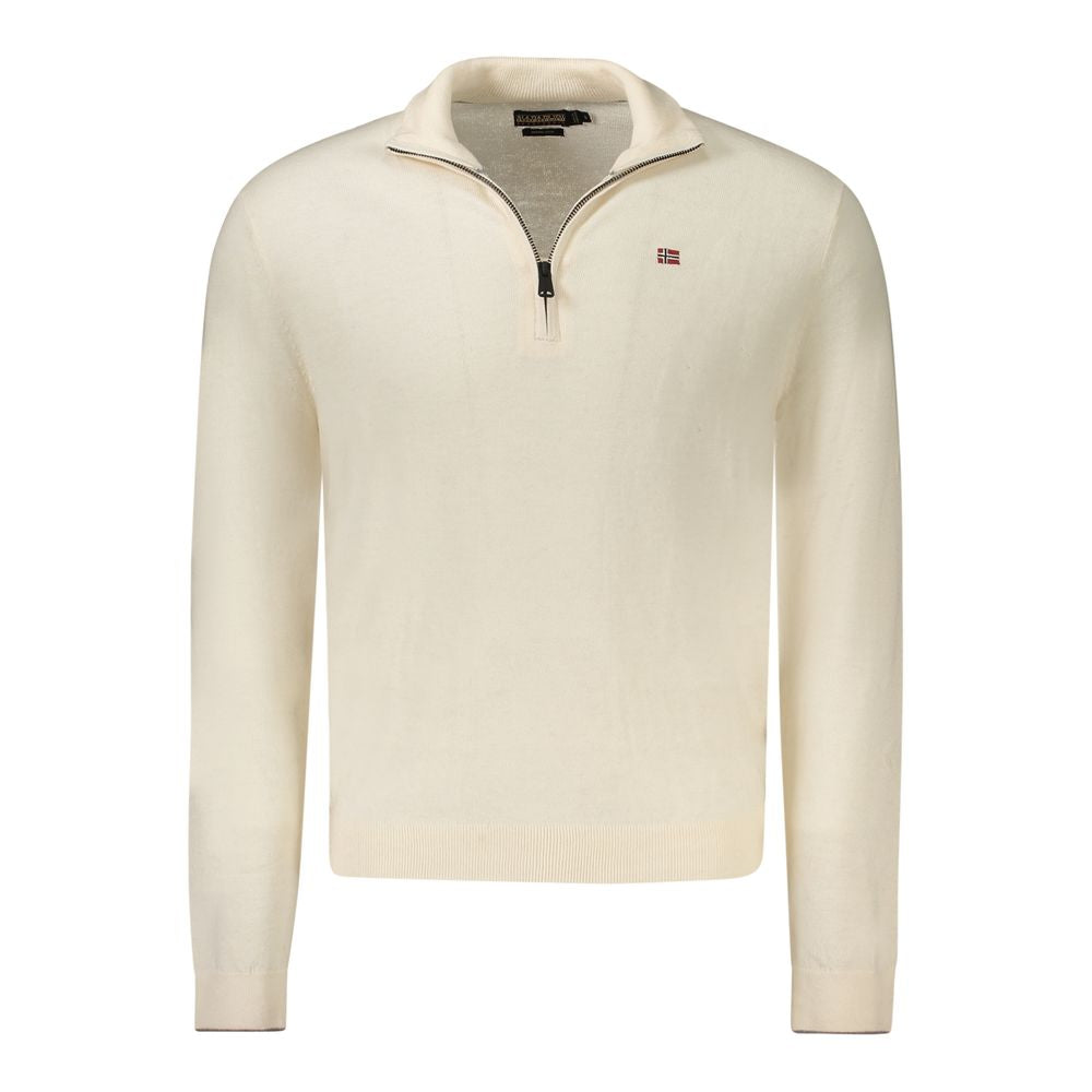 Napapijri Bianco Lana men's sweater in off-white with a classic crewneck and ribbed cuffs, made from warm, soft wool fabric.