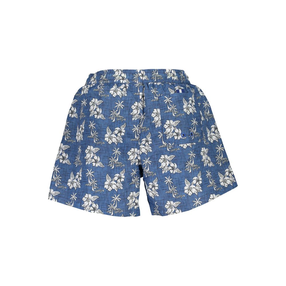 North Sails Blu polyester men's swim boxer displayed flat, showing the swimwear's comfortable fit and stylish design.