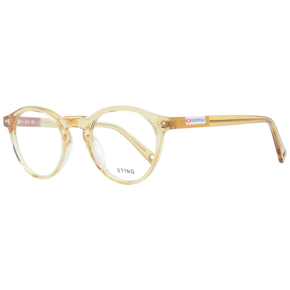 Sting brown acetate and plastic glasses frames with rounded shape and clear lenses, stylish eyewear for everyday wear.