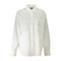 Calvin Klein Bianco cotton women's shirt with a classic collar and button-down front, displayed on a hanger.