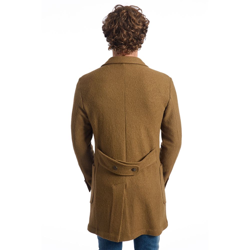 Roberto Pepe Luxury brown wool men's jacket displayed on a hanger, showing its tailored fit and classic design.