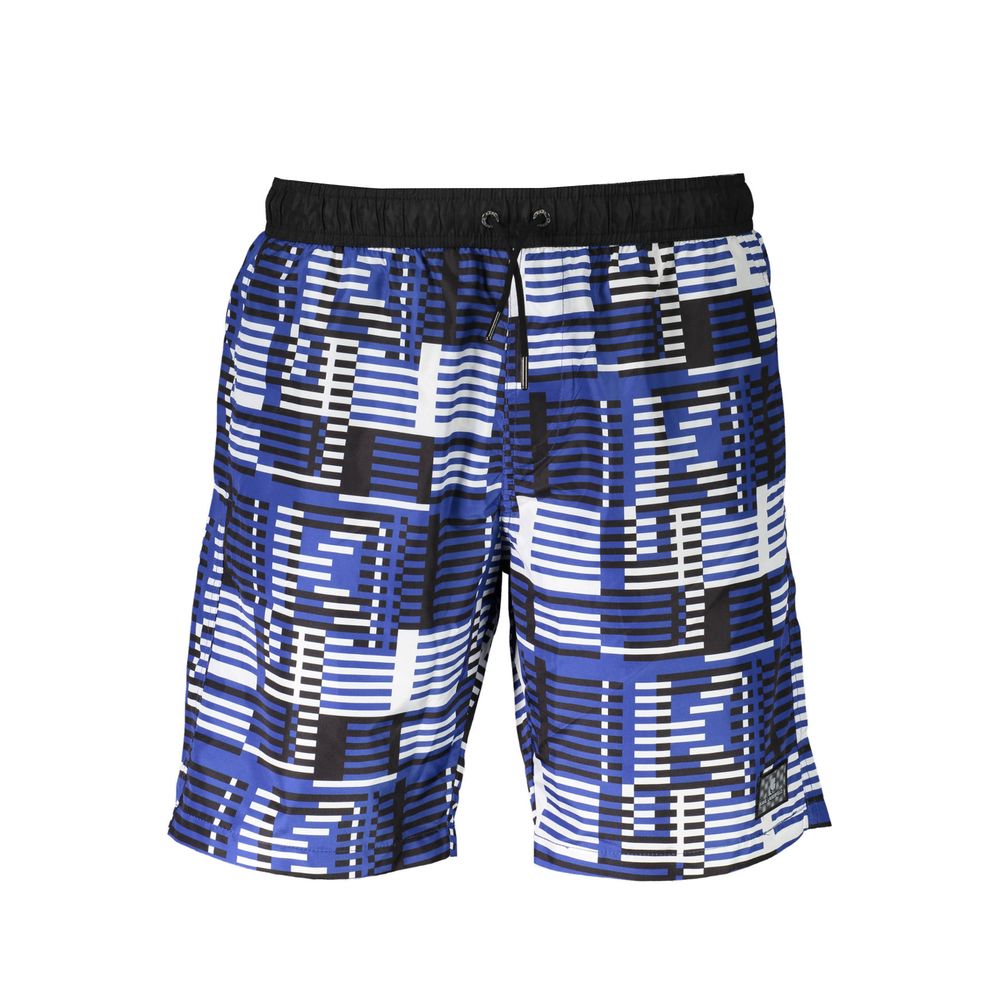 Karl Lagerfeld men's blue polyester swim trunks with elastic waistband and side pockets, stylish swimwear for beach or pool.