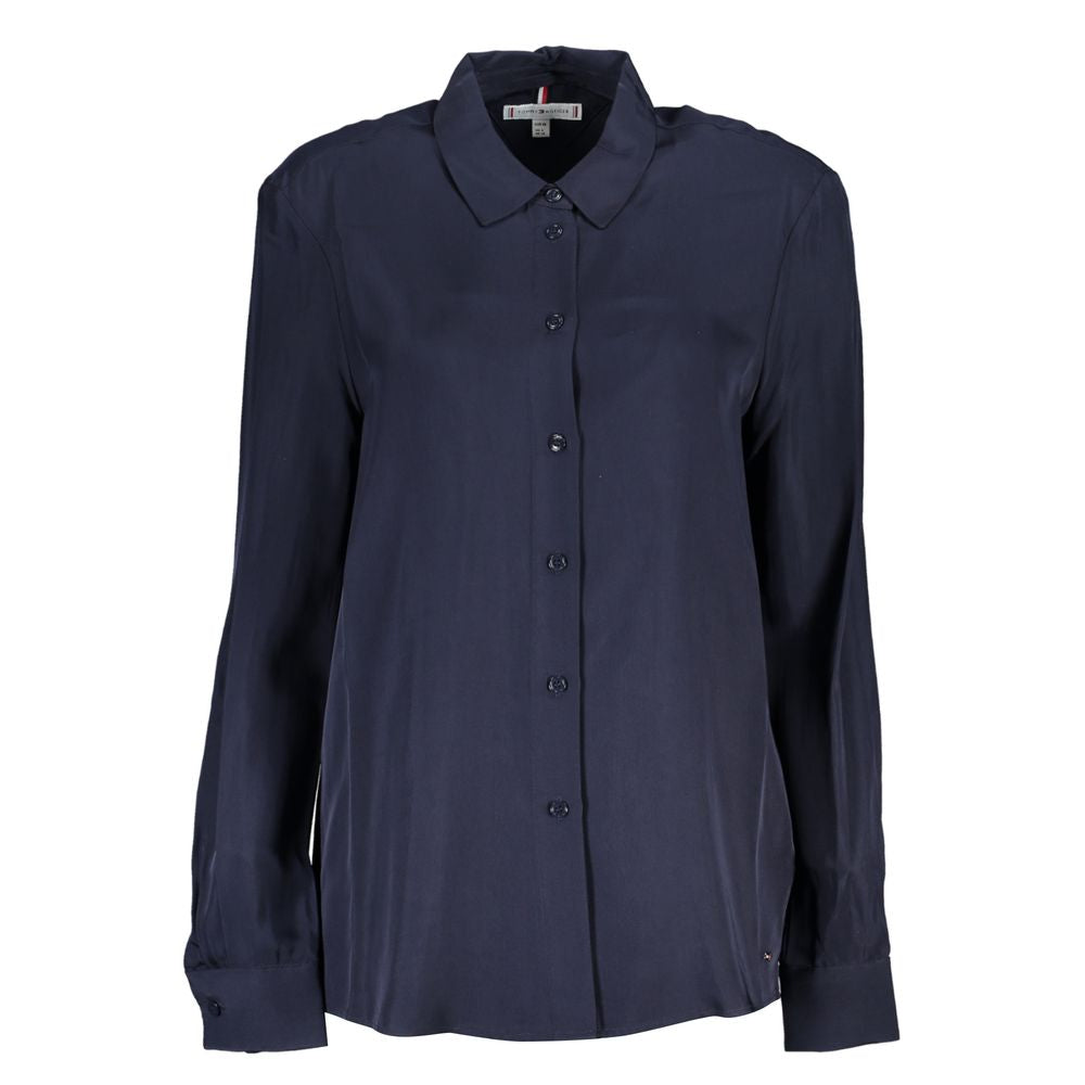 Tommy Hilfiger blue viscose women's shirt with a classic collar and button-down front, stylish and comfortable for casual wear.