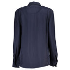 Blue viscose women's shirt by Tommy Hilfiger, featuring a relaxed fit and classic collar, displayed on a hanger.