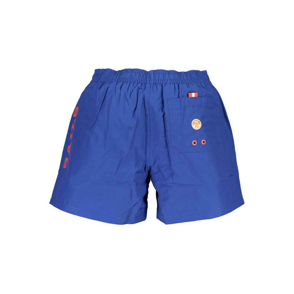North Sails blue polyester men's swim trunks with an elastic waistband and side pockets, designed for beach and poolwear.