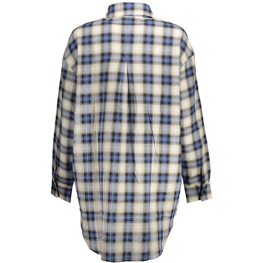Desigual blue cotton women's shirt with a relaxed fit and casual style, displayed on a hanger against a white background.
