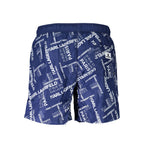 Karl Lagerfeld men's blue polyester swim boxer shorts with elastic waistband and branding.