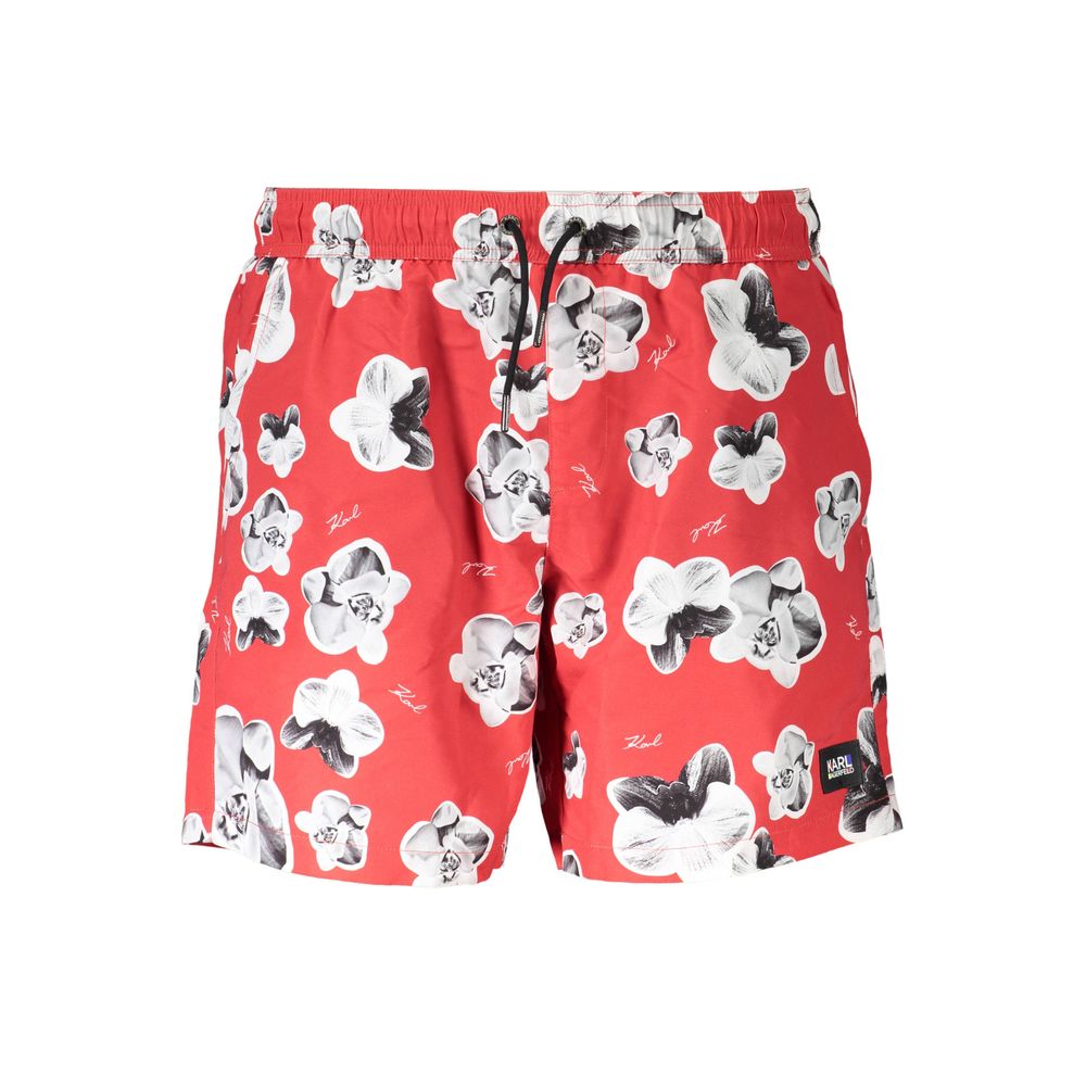 Red polyester men's swim trunks by Karl Lagerfeld with a sleek design and elastic waistband, ideal for beach or poolwear.