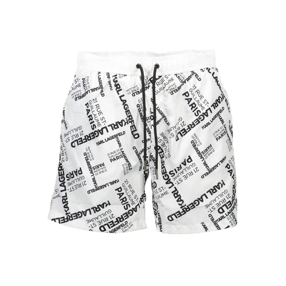 White polyester men's swim boxer shorts by Karl Lagerfeld, with a fitted waistband and logo detail.