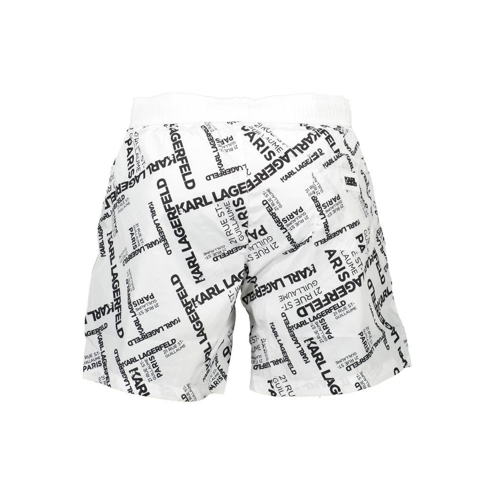 White polyester men's swim boxer shorts by Karl Lagerfeld, featuring a comfortable fit and stylish design.