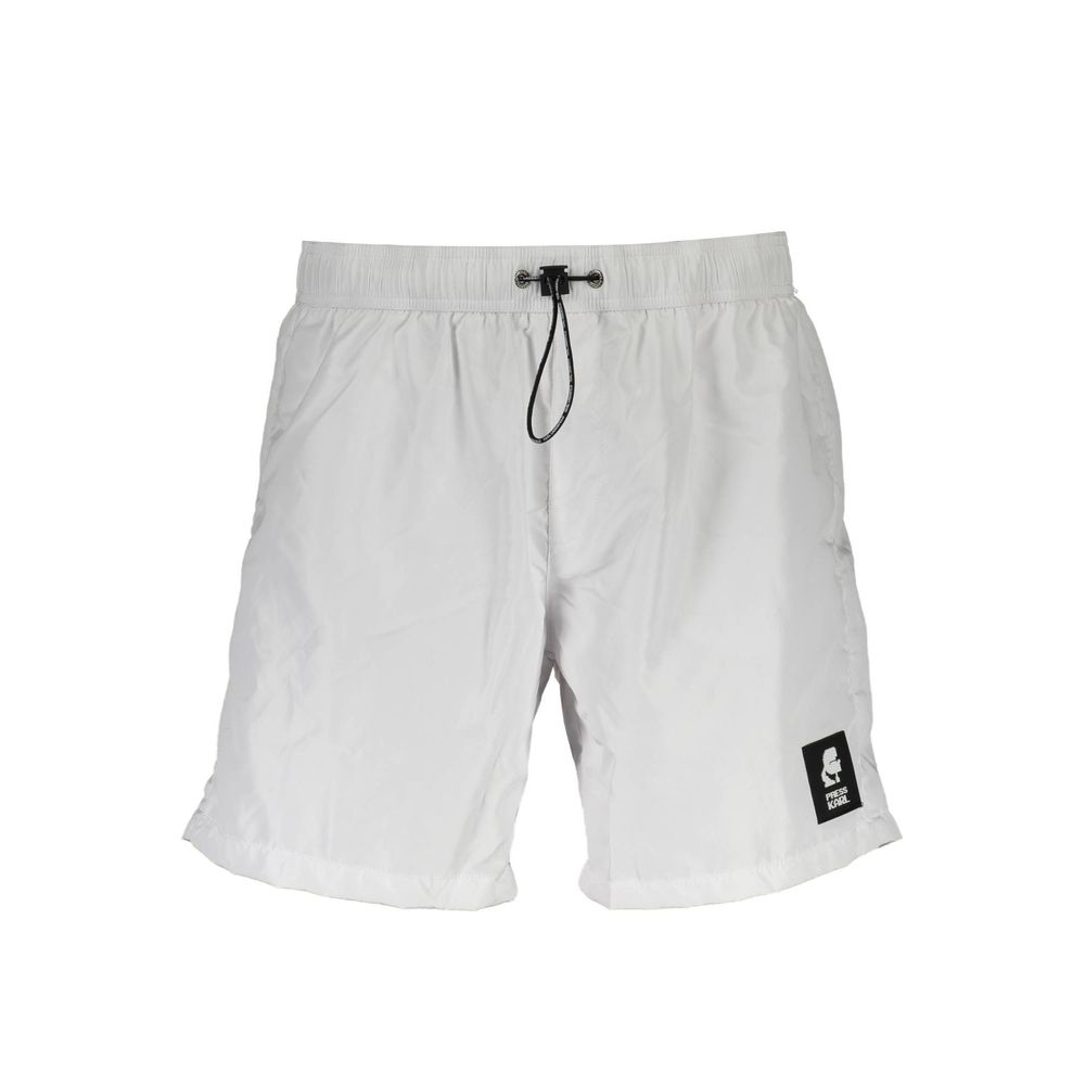 White polyester men's swim boxer by Karl Lagerfeld featuring a comfortable fit and classic design.