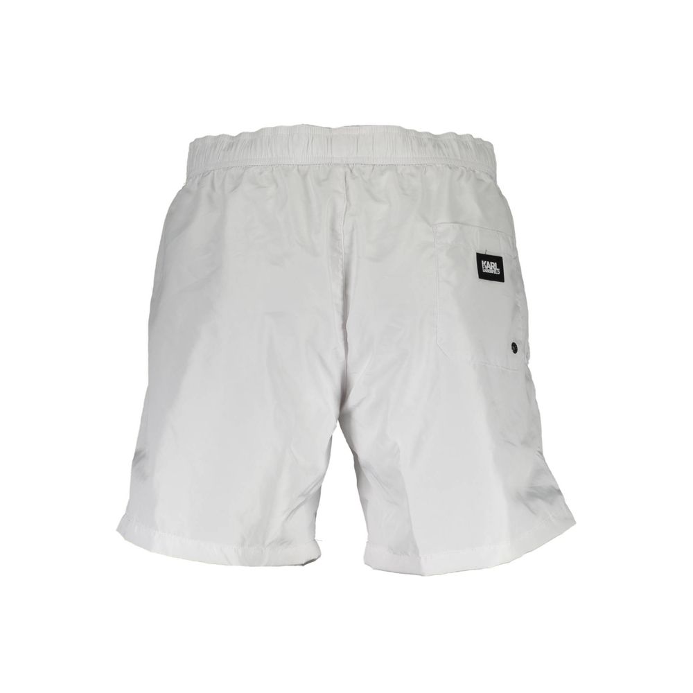 White polyester men's swim boxer shorts by Karl Lagerfeld, featuring a comfortable fit and sleek design.