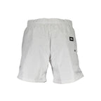 White polyester men's swim boxer shorts by Karl Lagerfeld, featuring a comfortable fit and sleek design.