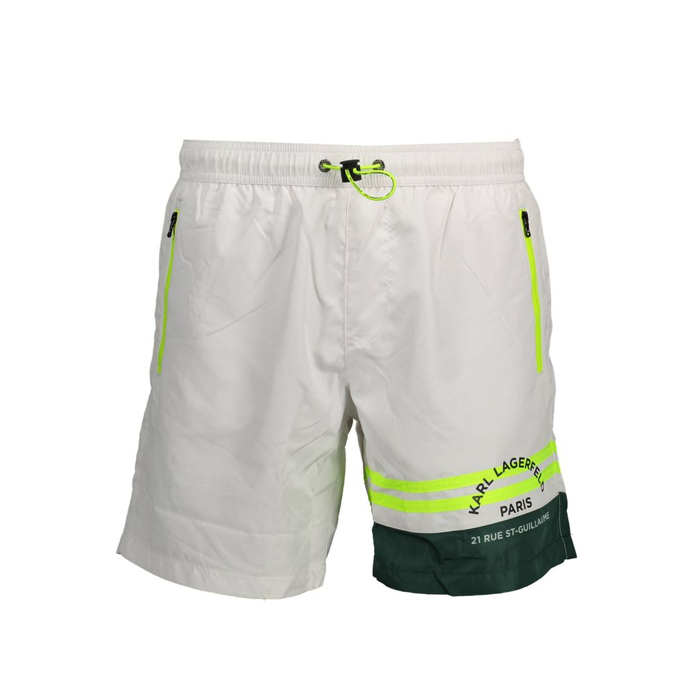 Karl Lagerfeld white polyester men's swim boxer shorts with elastic waistband and Karl Lagerfeld logo on front.